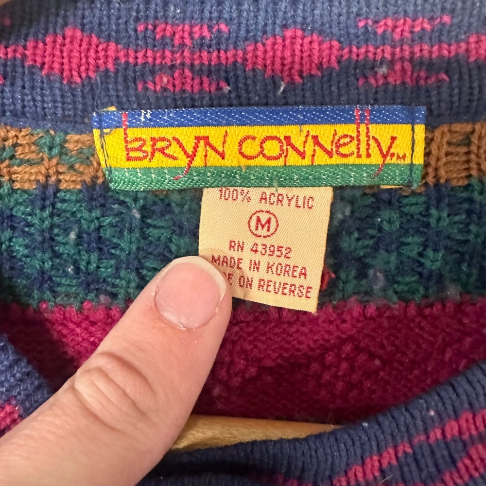 Vintage Bryn Connelly Fair Isle Floral Cardigan Sweater Multicolor Size M 2946 - Picture 3 of 4